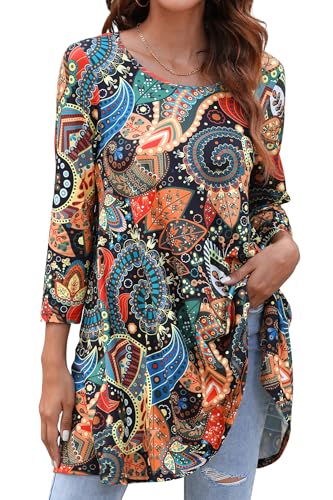 Enmain T-Shirt Damen Langarm Tunika Longshirt Blumen Lockere Bluse Oberteile Casual Elegant Rundhals Top Shirts Sommer Frühling 5XL von Enmain