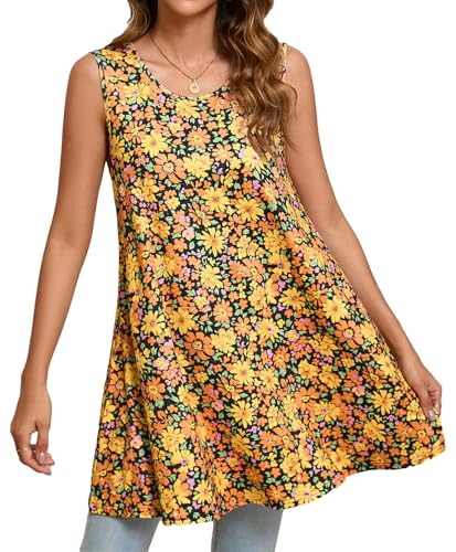 Enmain Tank Tops Damen Sommer Tunika Ärmellose Große Größen Lang Locker Longbluse Longshirt Blumen Oberteile Longtop Lässig für Leggings Gelb 2XL von Enmain
