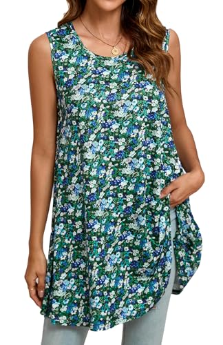 Enmain Tank Tops Damen Sommer Tunika Ärmellose Große Größen Lang Locker Longbluse Longshirt Blumen Oberteile Tops Lässig für Leggings Grün XL von Enmain