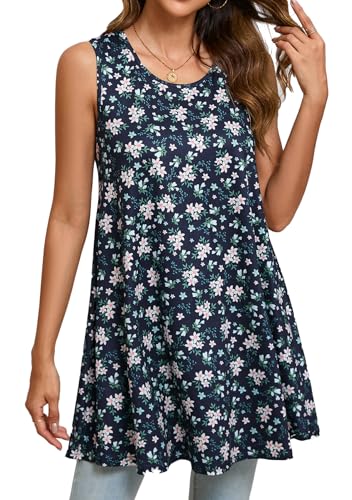 Enmain Tank Tops Damen Sommer Tunika Ärmellose Große Größen Lang Locker Longbluse Longshirt Blumen Oberteile Tops Lässig für Leggings Marineblau S von Enmain