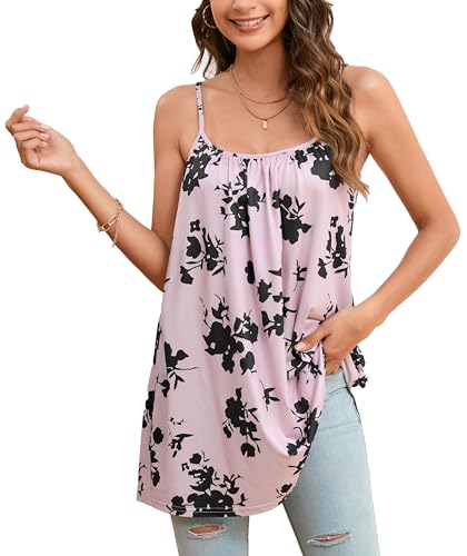 Enmain Trägertop Damen Ärmellose Sommer Spaghetti Tank Top Elegant Floral Oberteile Locker Rundhalsausschnitt Rosa Schwarz XXL von Enmain
