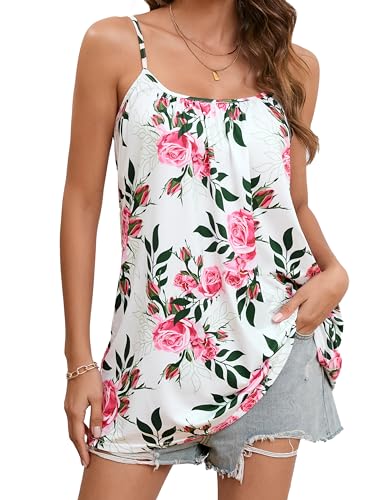 Enmain Trägertop Damen Sommer Spaghetti Tank Top Floral Oberteile Elegant Ärmellose Cami Blusen Top Weiß Rosa S von Enmain