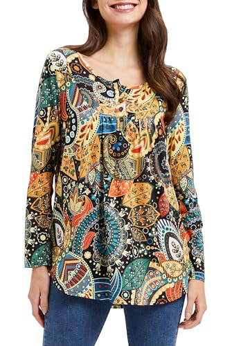 Enmain Tunic Women Long Sleeve Loose Tunic Tops for Leggings Longline Ladies V Neck Tunic Blouse Plus Size T Shirt Buttons Up Blouse Floral Printed Ladies T-Shirt,L1-Braun,2XL von Enmain