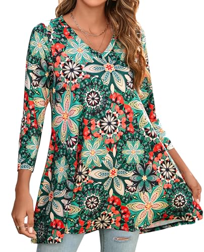 Enmain Tunika Damen 3/4 Ärmel Blumen Tuniken Für Damen Blusen V Ausschnitt Große Größen Langarm Elegant Blusen Lässig Locker Swing Longline Longshirt Grün & Rot, L von Enmain