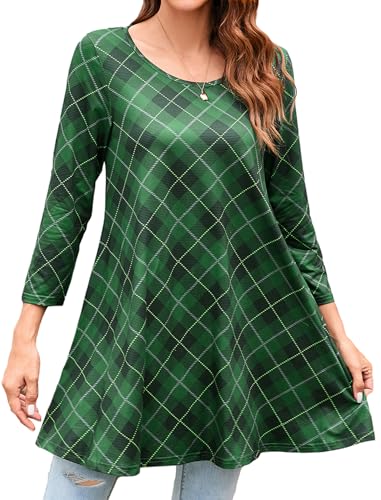 Enmain Tunika Damen Casual Longbluse Langarm Elegante Locker Kariert Rundhals Oberteile 3/4 Ärmel Top Grün 4XL von Enmain