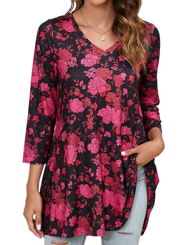 Enmain Tunika Damen Große Größen Blumen Longshirt Langarm 3/4 Arm V-Ausschnitt Locker Festliche Longbluse Tuniken Damen Elegant Lässig Für Leggings Rot&Schwarz, L von Enmain