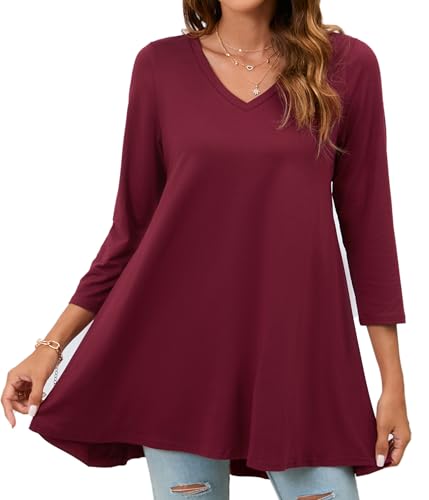 Enmain Tunika Damen Große Größen Elegant Tunika Blusen 3/4 Arm V Ausschnitt Burgund Lässig Lockere Longbluse Longshirt Damen Langarm Festliche Herbst Frühling, L von Enmain