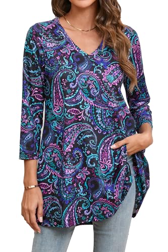 Enmain Tunika Damen Große Größen Elegant Tunika Blusen 3/4 Arm V Ausschnitt Schwarz Paisley Lässig Lockere Longbluse Longshirt Damen Langarm Festliche Herbst Frühling 4XL von Enmain