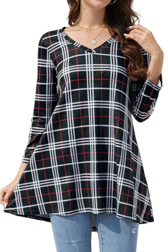 Enmain Tunika Damen Große Größen Kariert Longbluse Longshirt Schwarz Tuniken Langarm 3/4 Arm V Ausschnitt Locker Festliche Blusen Damen Elegant Lässig Für Leggings L von Enmain