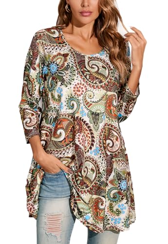 Enmain Damen Tunika Langarm Große Größen Elegant Blusen Tuniken Für Frauen Weihnachten Festliche Bluse Long Paisley Boho Oberteil Shirt,Mehrfarbig & Orange,3XL von Enmain