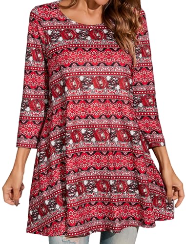 Enmain Damen Tunika Langarm Große Größen Elegant Blusen Tuniken Für Frauen Weihnachten Festliche Bluse Long Oberteil Shirt,Rot,3XL von Enmain