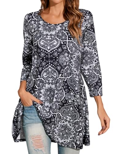 Enmain Damen Tunika Langarm Große Größen Elegant Blusen Tuniken Für Frauen Weihnachten Festliche Bluse Long Oberteil Shirt,Schwarz & Weiß,S von Enmain