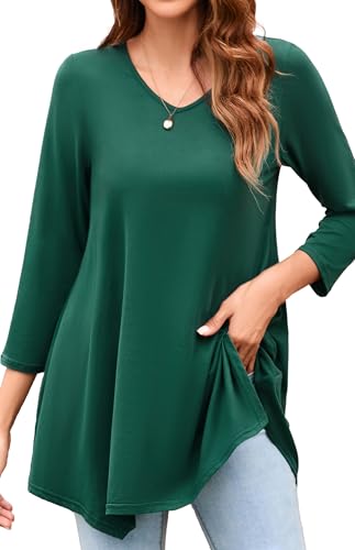 Enmain Tunika Damen Grün Langarm 3/4 Ärmel V Ausschnitt Longbluse Lange Oberteile für Frauen Große Größen Shirt Blusen Tuniken,L von Enmain