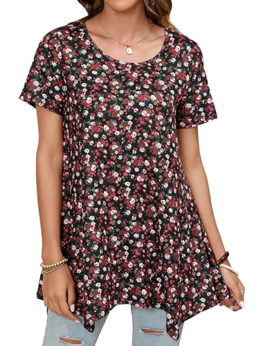 Enmain Tunika Damen Kurzarm Große Größen Sommer Blumen T-Shirt Bluse Elegante Longbluse Longshirt Oberteile Tops Lässig für Leggings Schwarz von Enmain