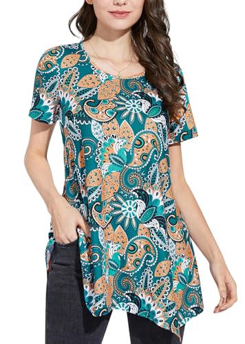 Enmain Tunika Damen Kurzarm Große Größen Sommer Paisley Bluse T-Shirt Elegante Longbluse Longshirt Oberteile Tops Lässig für Leggings Grün 2XL von Enmain