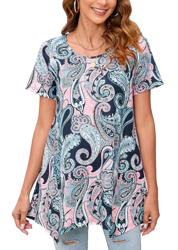 Enmain Tunika Damen Kurzarm Große Größen Sommer Paisley T-Shirt Bluse Elegante Longbluse Longshirt Tops Lässig für Leggings Blau & Rosa 3XL von Enmain