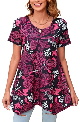 Enmain Tunika Damen Kurzarm Große Größen Sommer Paisley T-Shirt Bluse Elegante Longbluse Longshirt Tops Lässig für Leggings Schwarz & Rot 2XL von Enmain