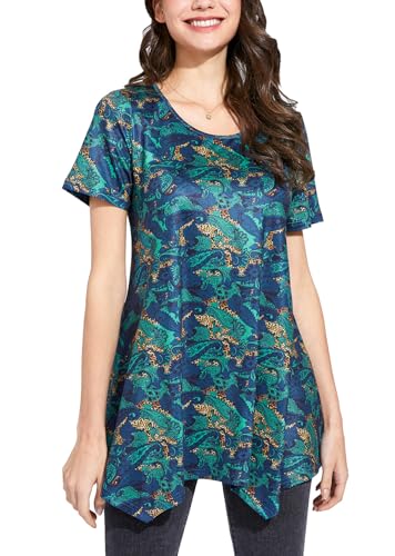 Enmain Tunika Damen Kurzarm Sommer Große Größen Paisley Bluse T-Shirt Elegante Longbluse Oberteile Tops Lässig für Leggings Marineblau 2XL von Enmain