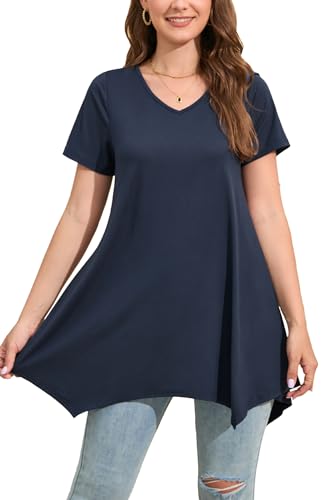 Enmain Tunika Damen Kurzarm Sommer Große Größen V Ausschnitt Oberteile für Frauen T-Shirt Elegant Casual Blusen Tuniken Shirt,Blau,L von Enmain