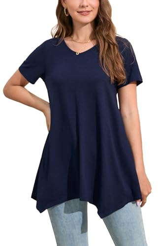 Enmain Tunika Damen Kurzarm Sommer Große Größen V Ausschnitt Oberteile für Frauen T-Shirt Elegant Casual Blusen Tuniken Shirt,Marineblau,XL von Enmain