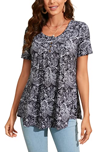 Enmain Tunika Damen Kurze Ärmel Kleine V-Ausschnitt Tunika Tops für Leggings Longline Lose Damen Tunika Bluse Plus Größe T Shirt Buttons Up Bluse Floral gedruckt Damen T-Shirt,S1-Schwarz/Weiß-2,L von Enmain