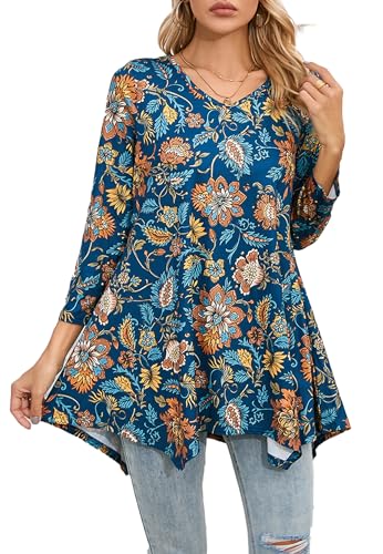 Enmain Tunika Damen Langarm 3/4 Ärmel V Ausschnitt Langarmshirt Große Größen Elegante Longbluse Lange Oberteile für Frauen Tuniken Shirt,Blau & Orange,3XL von Enmain