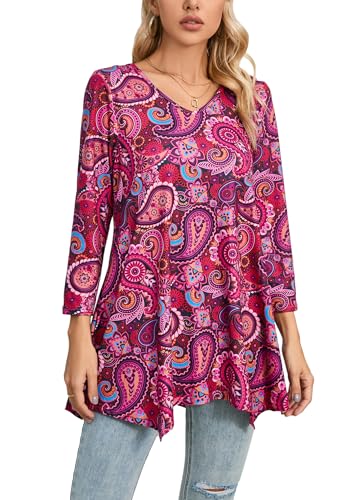 Enmain Tunika Damen Langarm 3/4 Ärmel V Ausschnitt Langarmshirt Große Größen Elegante Longbluse Lange Oberteile für Frauen Tuniken Shirt,Heißes Rosa,L von Enmain