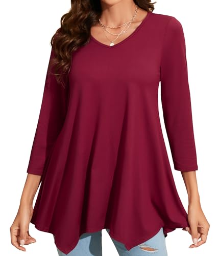 Enmain Tunika Damen Langarm 3/4 Ärmel V Ausschnitt Longbluse Lange Oberteile für Frauen Große Größen Shirt Blusen Tuniken,Burgunderrot 2,L von Enmain