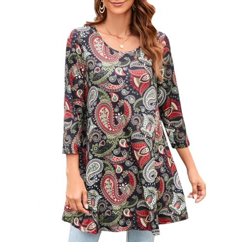 Enmain Damen Langarm Blusen Longline Longbluse 3/4 Langarm Longshirt Elegante Rundhals Swing Tunika für Damen, L-Schwarz/Rot, L von Enmain