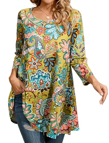 Enmain Tunika Damen Langarm 3/4 Ärmel Tuniken Große Größen Bluse Oberteile Frühling Sommer Herbst Langarmshirt Gelb Paisley Muster Longshirt Damen Lässig für Leggings T-Shirts XL von Enmain