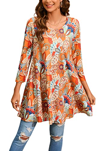 Enmain Tunika Damen Langarm Blusen Tuniken Longline Bluse 3/4 Langarm Longshirt Casual Elegante Rundhals Swing Tunika Tops für Damen Orange S von Enmain