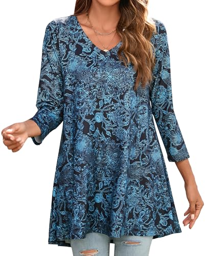 Enmain Tunika Damen Langarm Große Größen 3/4 Arm Blumen Longbluse Blusen Tunika Damen Elegant Langarm V Ausschnitt Longshirt lässig für Leggings Schwarz&Blau, 2XL von Enmain
