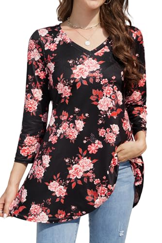 Enmain Tunika Damen Langarm Große Größen 3/4 Arm Blumen Longbluse Blusen Tunika Damen Elegant Langarm V Ausschnitt Longshirt lässig für Leggings Schwarz & Rosa 5XL von Enmain