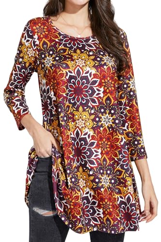 Enmain Tunika Damen Langarm Große Größen 3/4 Arm Bluse Longshirt Einfarbig Longbluse Oberteil Tops Elegant Lässig für Leggings Rot & Gelb L von Enmain