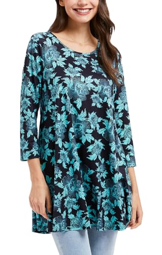 Enmain Tunika Damen Langarm Große Größen 3/4 Arm Bluse Shirt Blumen Longbluse Longshirt Tuniken Oberteil Tops Elegant Lässig Blau 3XL von Enmain