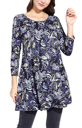 Enmain Tunika Damen Langarm Große Größen 3/4 Arm Blusen Tuniken Tops Für Frauen Blumen Longshirt Longbluse Elegant Lässig Schwarz & Blau 2XL von Enmain