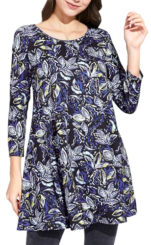 Enmain Tunika Damen Langarm Große Größen 3/4 Arm Blusen Tuniken Tops Für Frauen Blumen Longshirt Longbluse Elegant Lässig Schwarz & Blau L von Enmain