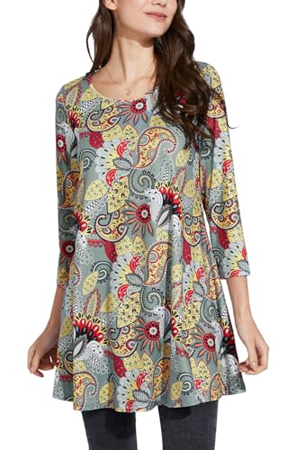 Enmain Tunika Damen Langarm Große Größen 3/4 Arm Blusen Tuniken Tops Für Frauen Paisley Longshirt Longbluse Elegant Lässig Grau & Gelb 2XL von Enmain