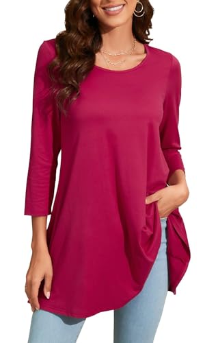 Enmain Tunika Damen Langarm Große Größen 3/4 Arm Fuchsia Rosa Longshirt Longbluse Einfarbig Bluse Oberteil Tops Elegant Lässig für Leggings 3XL von Enmain