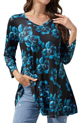 Enmain Tunika Damen Langarm Große Größen 3/4 Arm Lila Longshirt Longbluse Blumen V Ausschnitt Bluse Elegant Blusen Tuniken Für Damen Lässig für Leggings Schwarz & Blau XL von Enmain