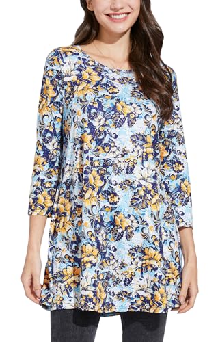 Enmain Tunika Damen Langarm Große Größen 3/4 Arm Longshirt Longbluse Blumen Bluse Shirt Oberteil Tops Elegant Lässig Blau & Gelb 2XL von Enmain