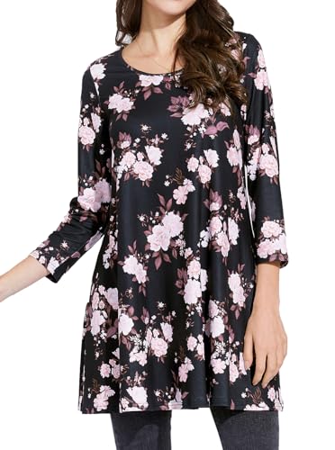 Enmain Tunika Damen Langarm Große Größen 3/4 Arm Longshirt Longbluse Blumen Bluse Shirt Oberteil Tops Elegant Lässig Schwarz & Rosa 3XL von Enmain