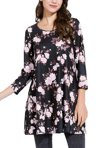 Enmain Tunika Damen Langarm Große Größen 3/4 Arm Longshirt Longbluse Blumen Bluse Shirt Oberteil Tops Elegant Lässig Schwarz & Rosa 4XL von Enmain