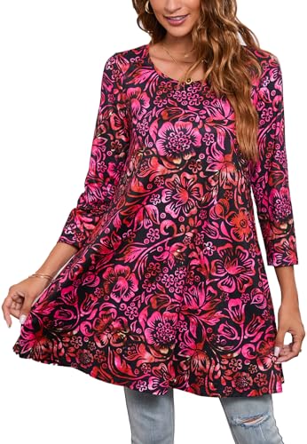 Enmain Tunika Damen Langarm Große Größen 3/4 Arm Longshirt Longbluse Blumen Bluse Shirt Oberteil Tops Elegant Lässig Schwarz & Rot 4XL von Enmain