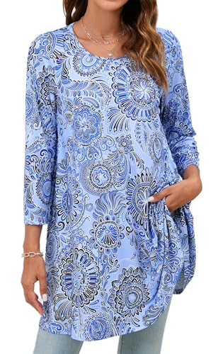 Enmain Tunika Damen Langarm Große Größen 3/4 Arm Longshirt Longbluse Blumen Bluse Shirt Oberteil Tops Elegant Lässig für Leggings Blau S von Enmain