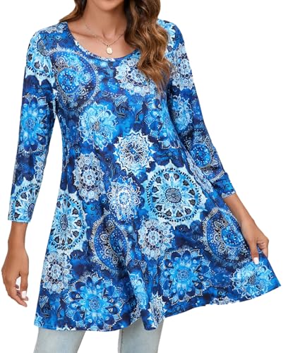 Enmain Tunika Damen Langarm Große Größen 3/4 Arm Longshirt Longbluse Blumen Bluse Shirt Oberteil Tops Elegant Lässig für Leggings Königsblau XL von Enmain