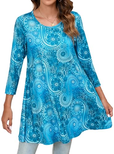 Enmain Tunika Damen Langarm Große Größen 3/4 Arm Longshirt Longbluse Blumen Bluse Shirt Oberteil Tops Elegant Lässig für Leggings Türkis Blau 5XL von Enmain
