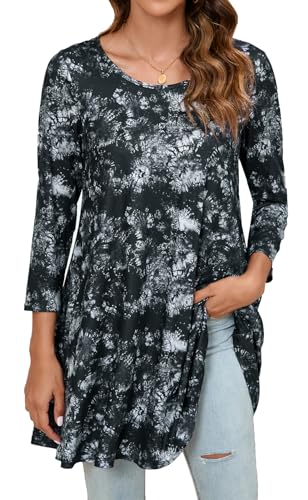Enmain Tunika Damen Langarm Große Größen 3/4 Arm Longshirt Longbluse Bluse Shirt Oberteil Tops Elegant Lässig für Leggings Schwarz & Grau XL von Enmain