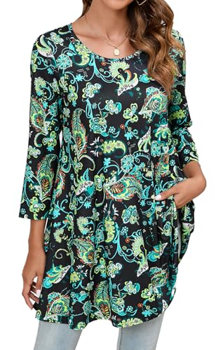 Enmain Tunika Damen Langarm Große Größen 3/4 Arm Longshirt Longbluse Paisley Bluse Shirt Oberteil Tops Elegant Lässig Schwarz & Grün 5XL von Enmain