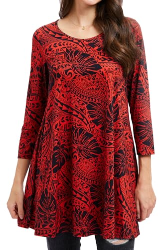 Enmain Tunika Damen Langarm Große Größen 3/4 Arm Longshirt Longbluse Paisley Bluse Shirt Oberteil Tops Elegant Lässig Schwarz & Rot XL von Enmain